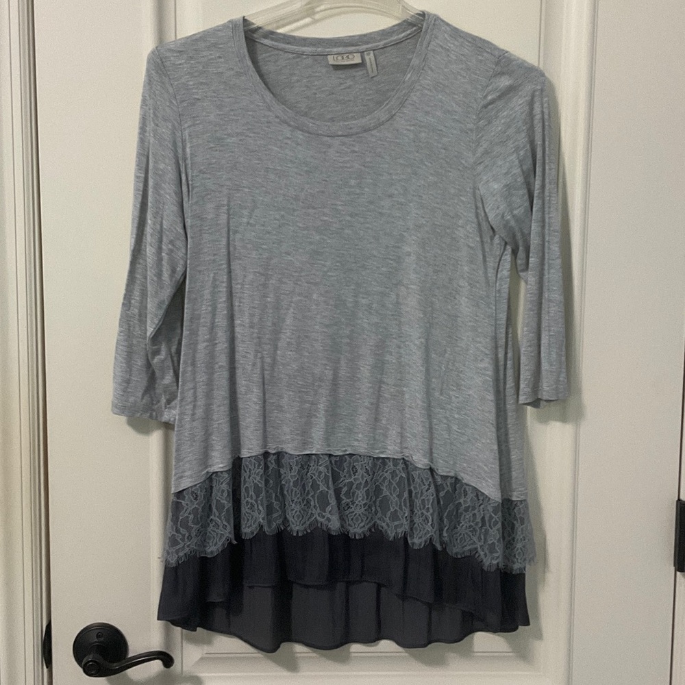 LOGO by Lori Goldstein Heather Gray Lace-Trim Layered Tunic Mixed Media M Petite